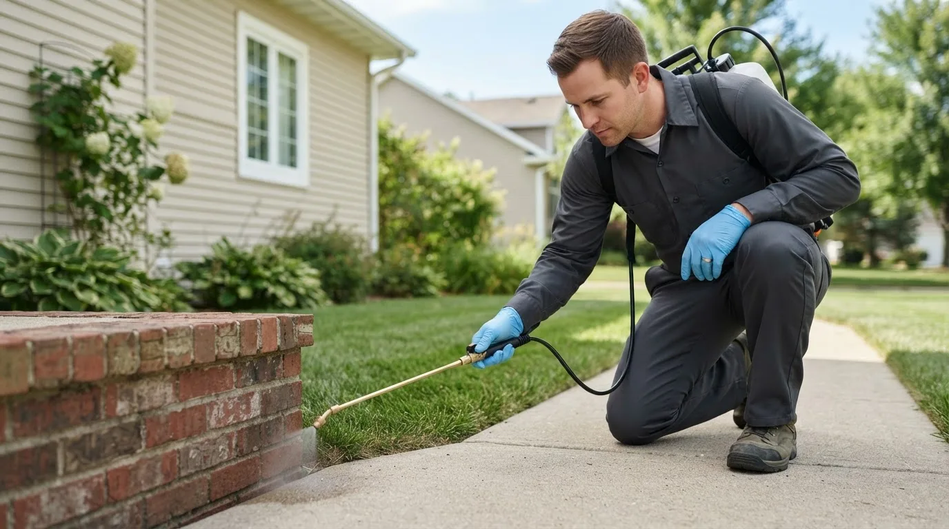 Pest control technician treating a home near La Plume, PA