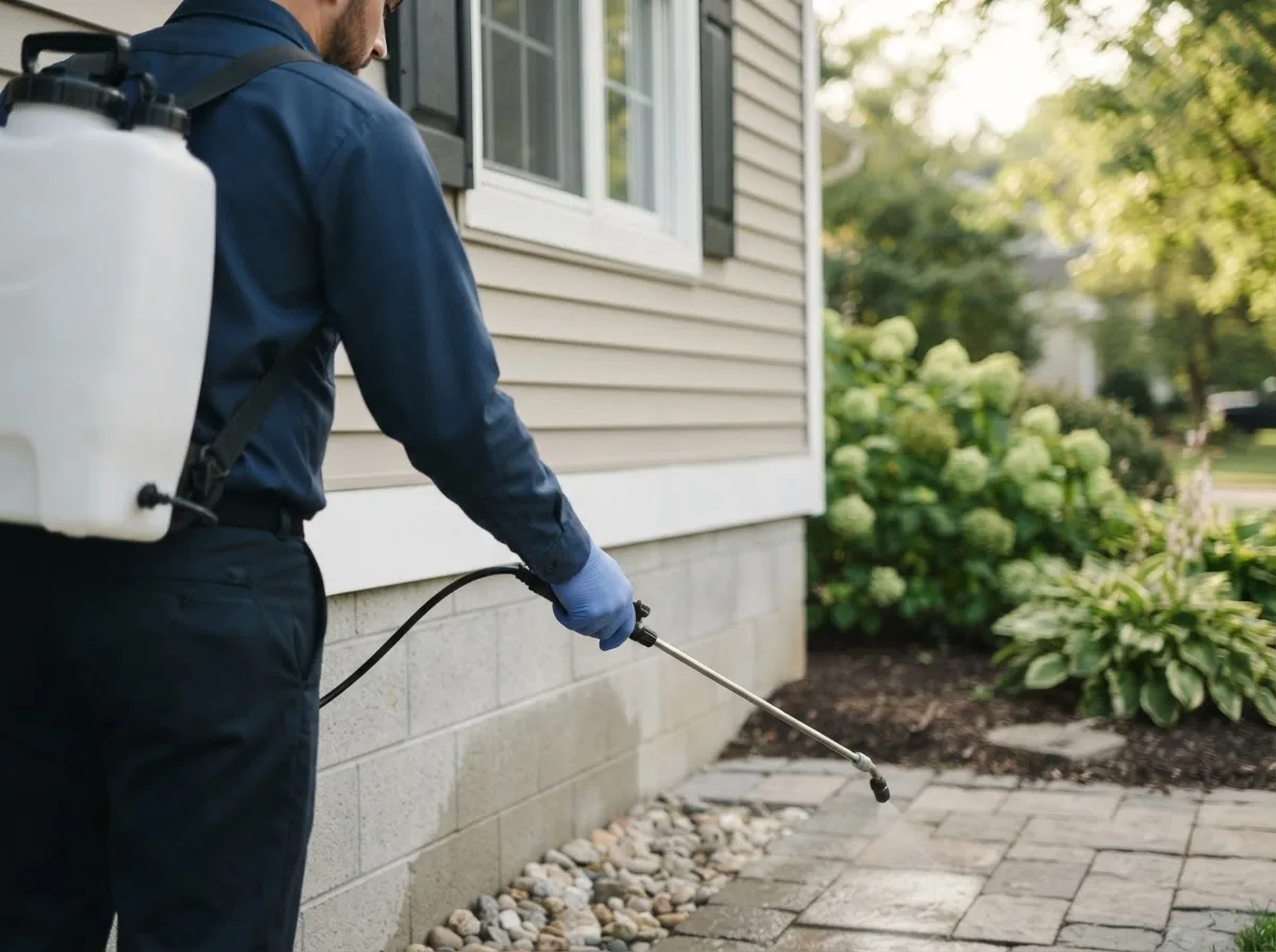 Pest control technician inspecting a home in La Plume, PA